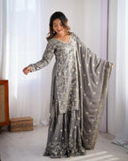 Teeya Creation Grey Color Chinnon Silk Embroidery Work Fully Stitched Salwar Suit | Grocsy