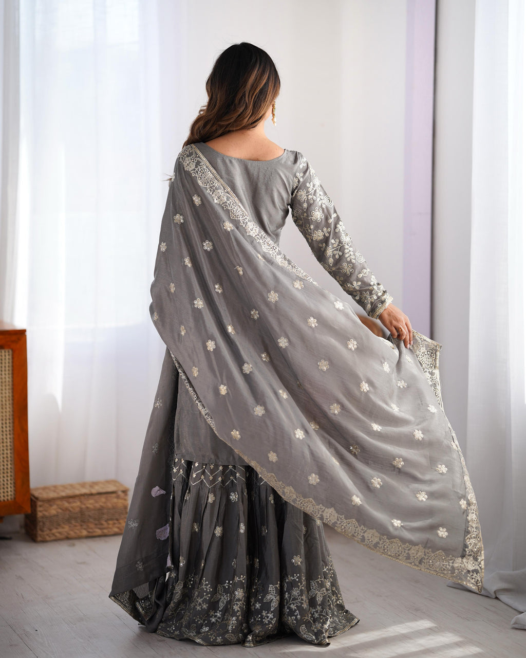 Teeya Creation Grey Color Chinnon Silk Embroidery Work Fully Stitched Salwar Suit | Grocsy
