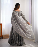 Teeya Creation Grey Color Chinnon Silk Embroidery Work Fully Stitched Salwar Suit | Grocsy