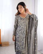 Teeya Creation Grey Color Chinnon Silk Embroidery Work Fully Stitched Salwar Suit | Grocsy