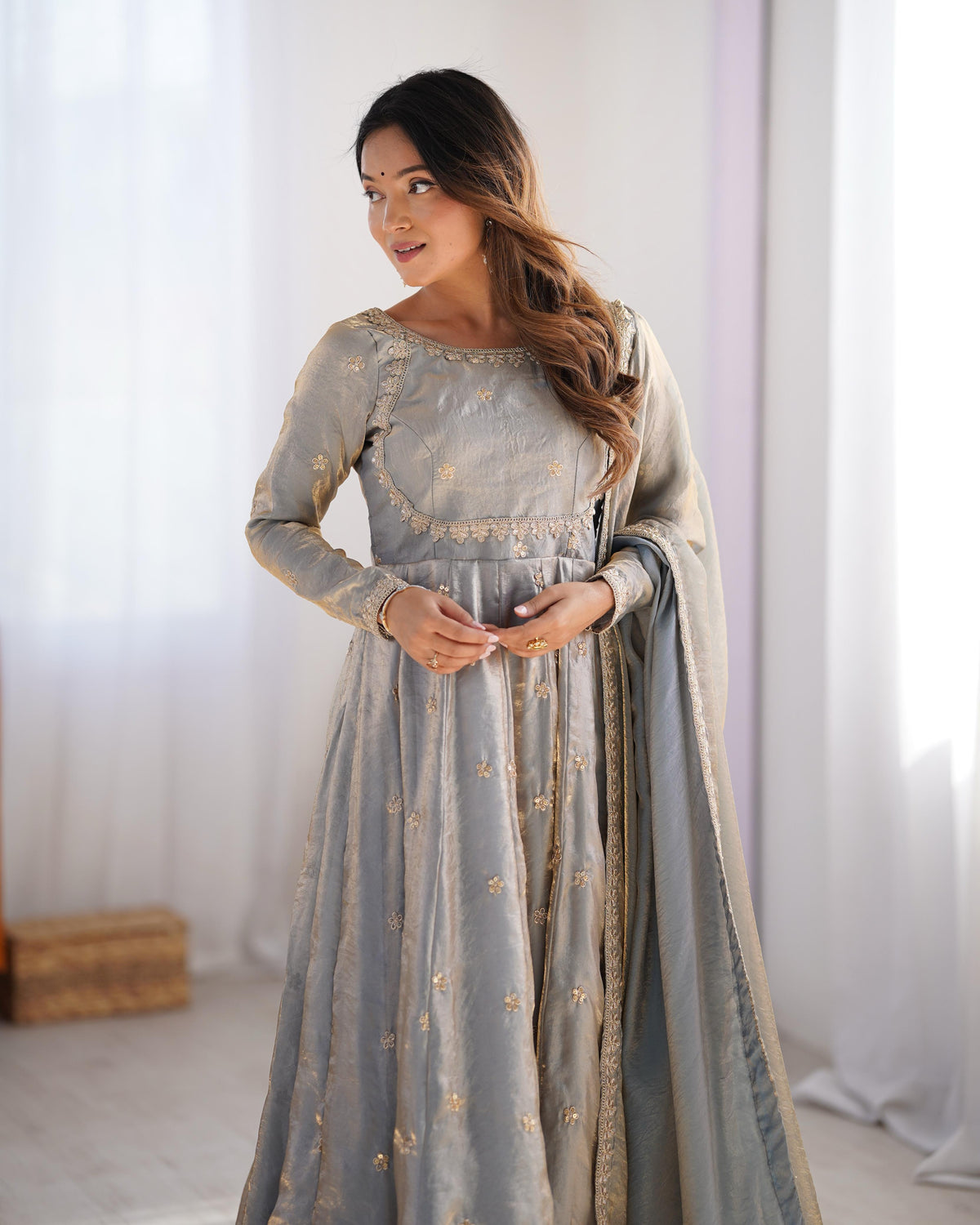 Teeya Creation Grey Color Fendy Silk Embroidery Work Fully Stitched Gown | Grocsy