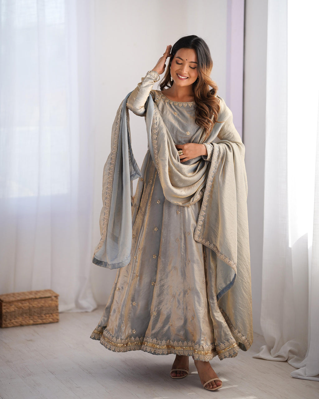 Teeya Creation Grey Color Fendy Silk Embroidery Work Fully Stitched Gown | Grocsy