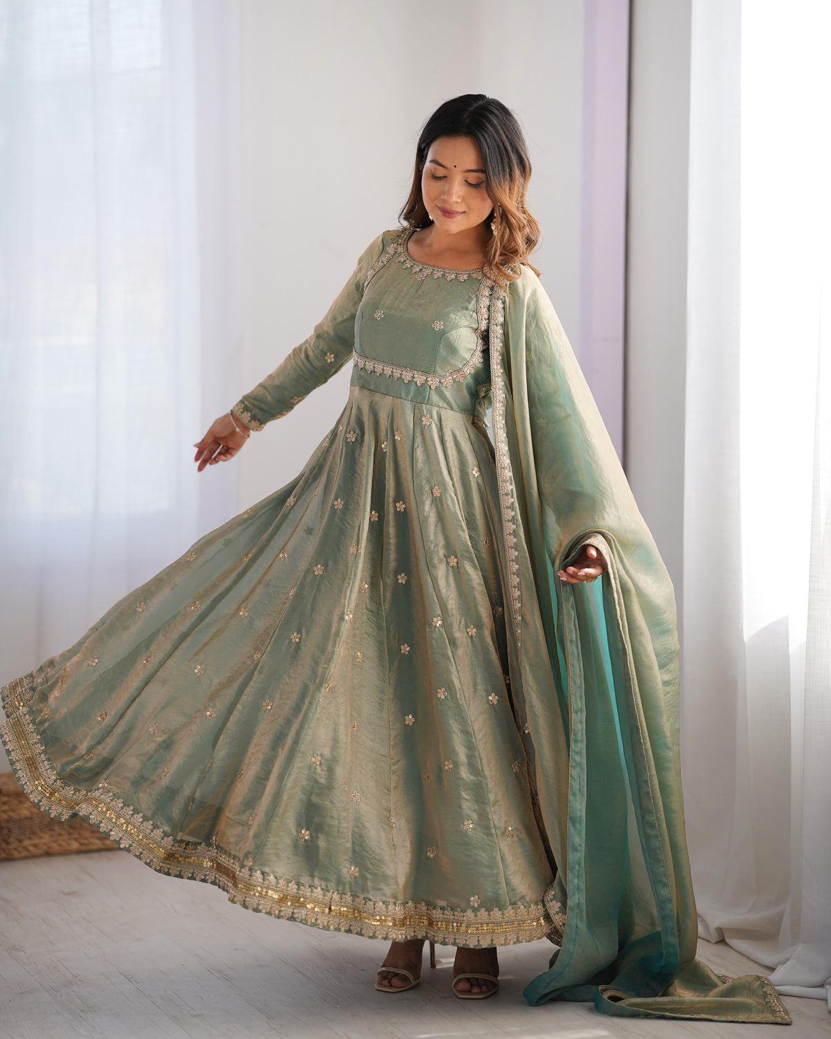 Teeya Creation Mint Green Color Fendy Silk Embroidery Work Fully Stitched Gown | Grocsy
