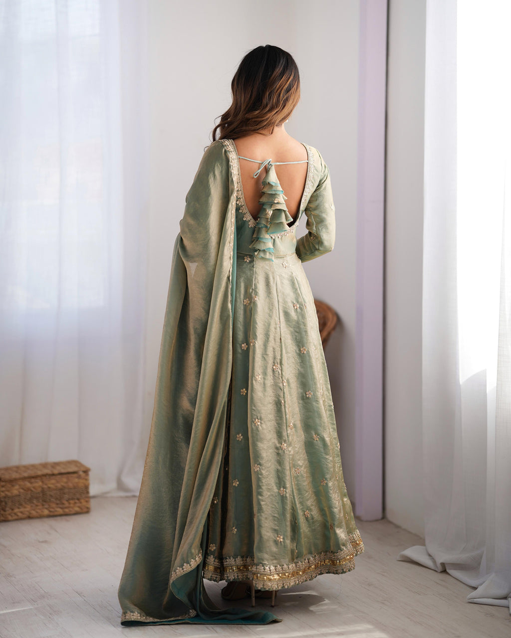 Teeya Creation Mint Green Color Fendy Silk Embroidery Work Fully Stitched Gown | Grocsy