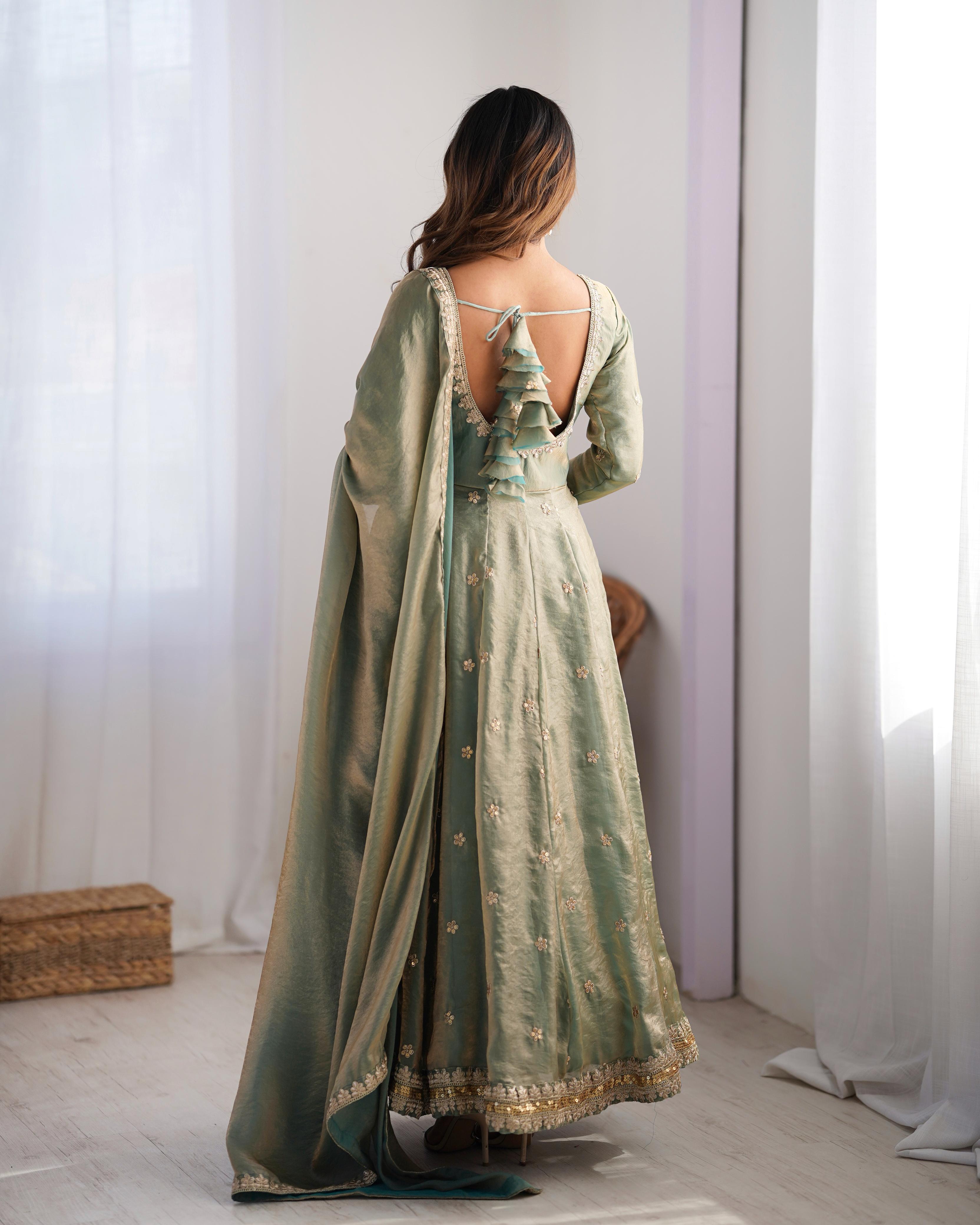 Teeya Creation Mint Green Color Fendy Silk Embroidery Work Fully Stitched Gown | Grocsy