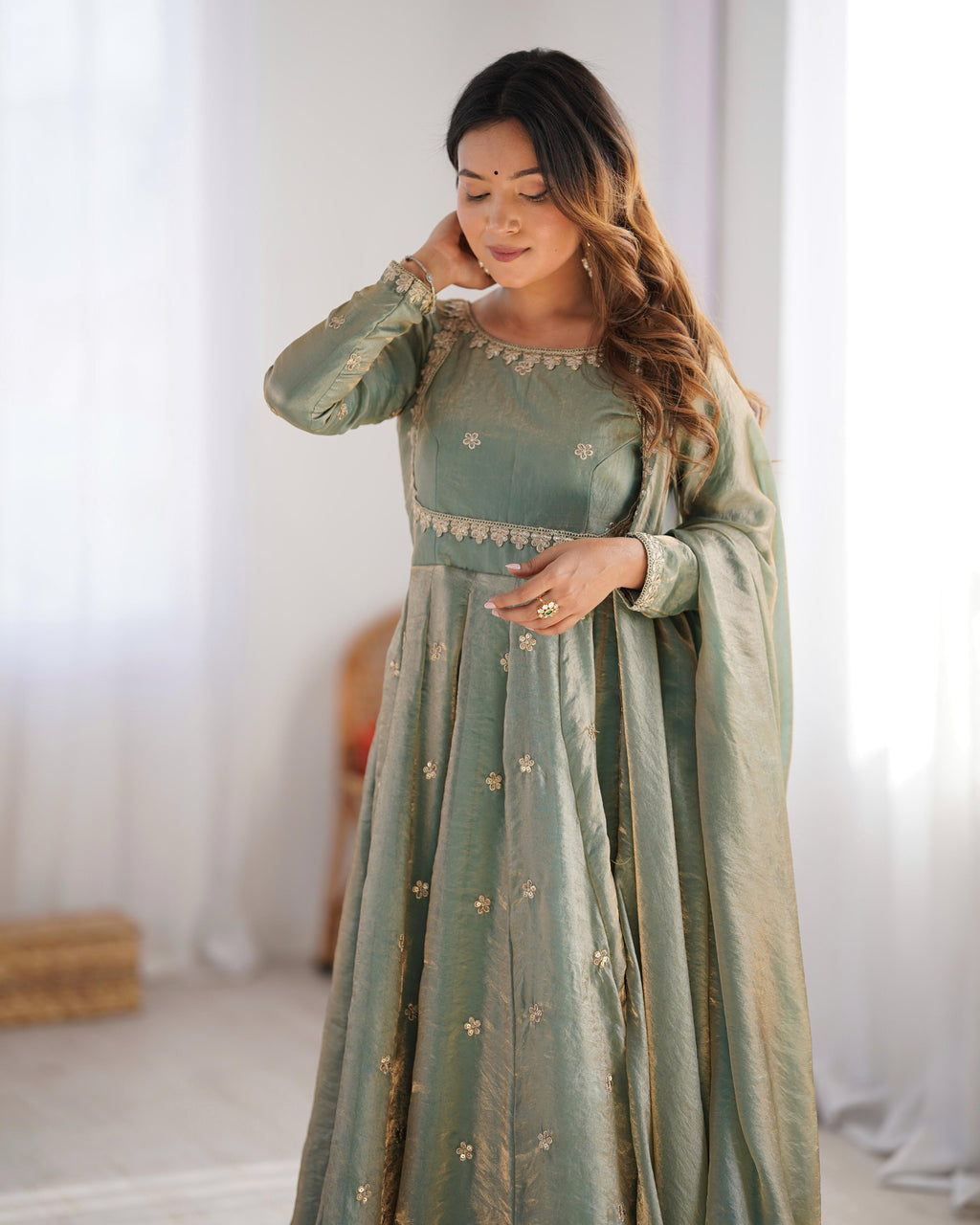 Teeya Creation Mint Green Color Fendy Silk Embroidery Work Fully Stitched Gown | Grocsy