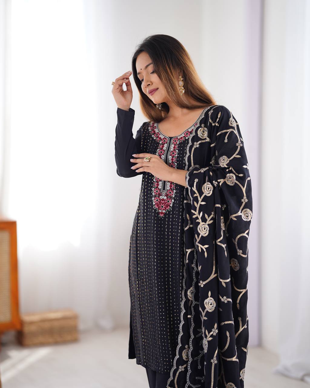 Teeya Creation Black Color Chinnon Silk Embroidery Work Fully Stitched Pakistani Suit | Grocsy