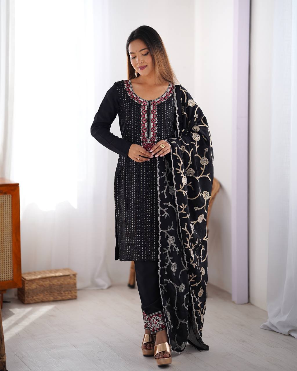 Teeya Creation Black Color Chinnon Silk Embroidery Work Fully Stitched Pakistani Suit | Grocsy
