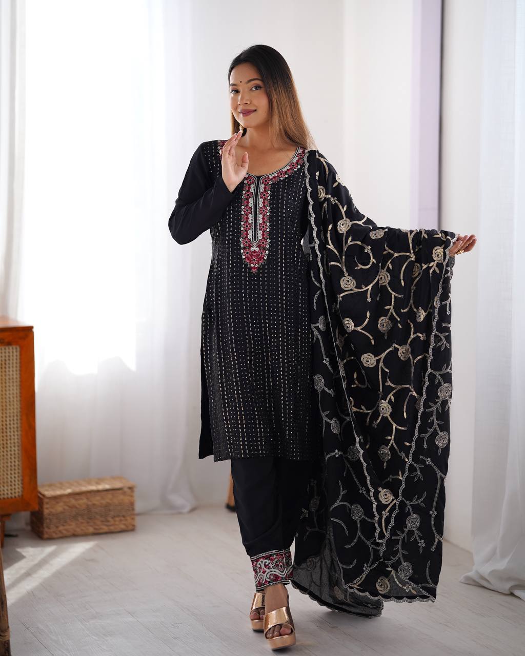 Teeya Creation Black Color Chinnon Silk Embroidery Work Fully Stitched Pakistani Suit | Grocsy