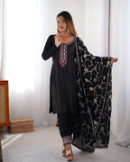 Teeya Creation Black Color Chinnon Silk Embroidery Work Fully Stitched Pakistani Suit | Grocsy