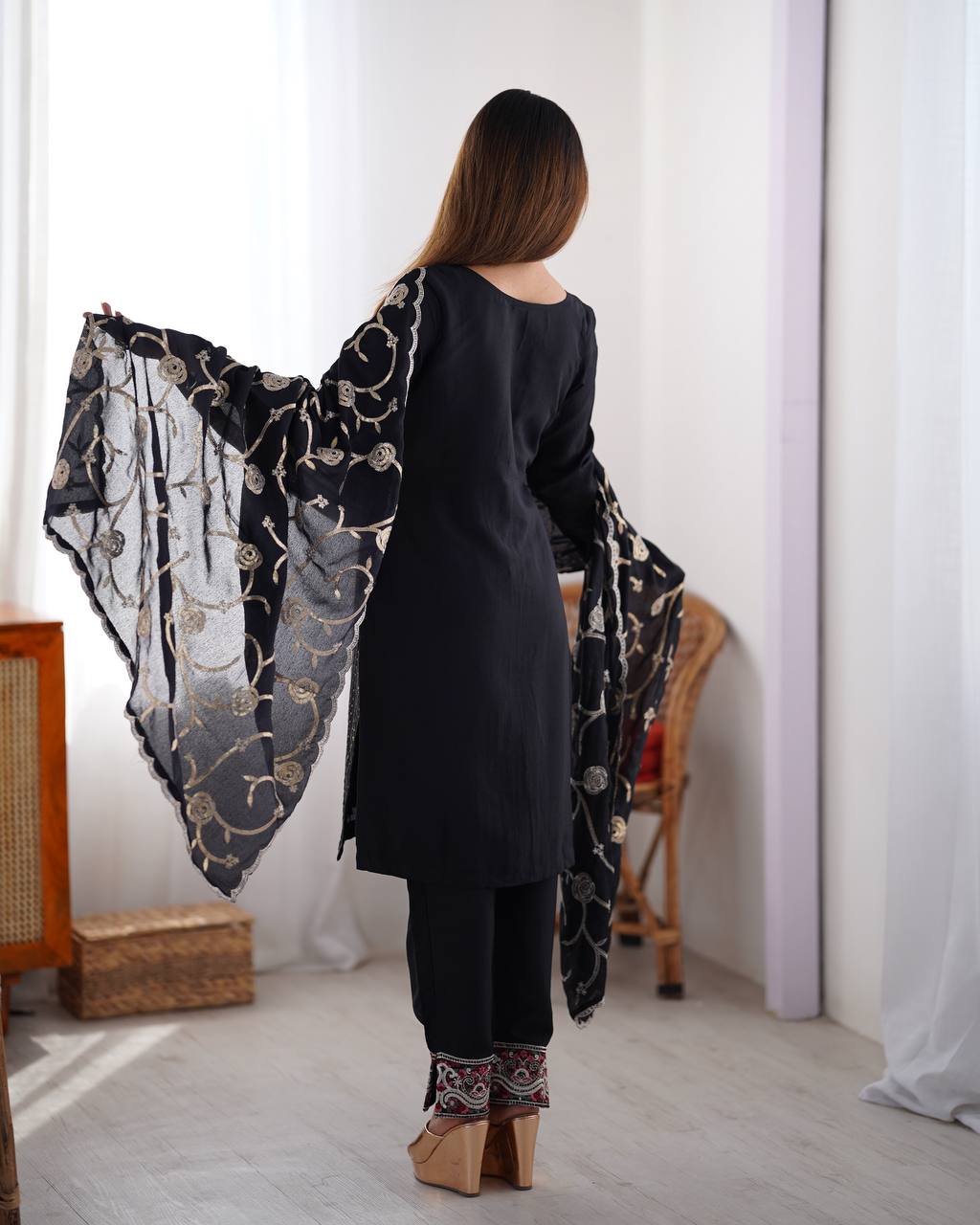 Teeya Creation Black Color Chinnon Silk Embroidery Work Fully Stitched Pakistani Suit | Grocsy