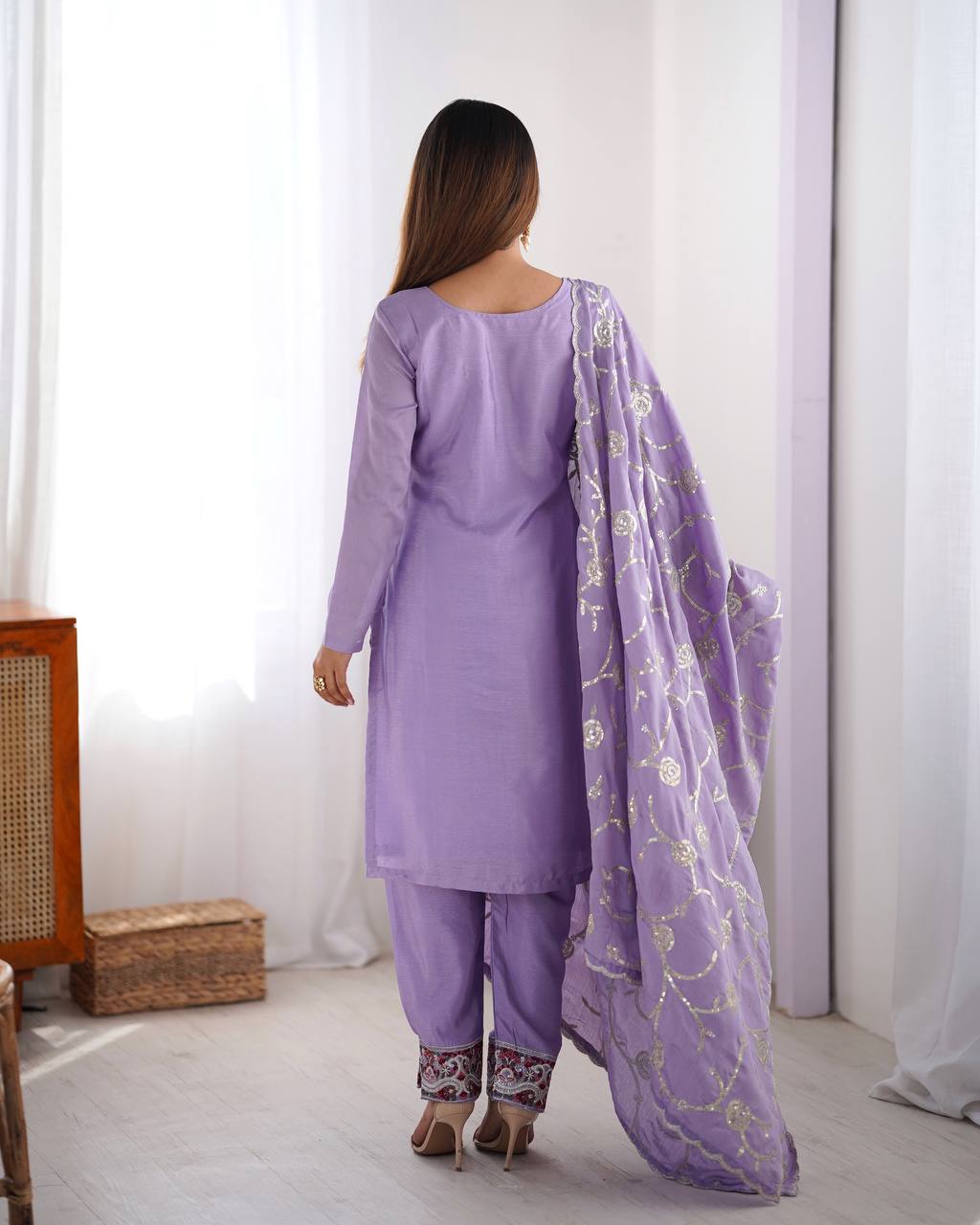 Teeya Creation Lavender Color Chinnon Silk Embroidery Work Fully Stitched Pakistani Suit | Grocsy
