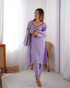 Teeya Creation Lavender Color Chinnon Silk Embroidery Work Fully Stitched Pakistani Suit | Grocsy