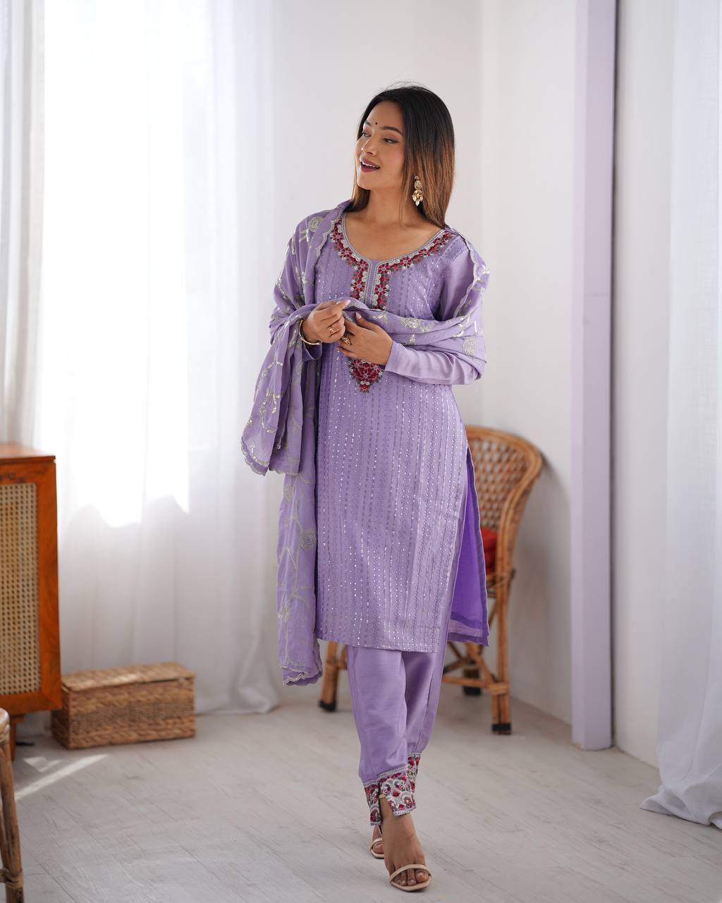 Teeya Creation Lavender Color Chinnon Silk Embroidery Work Fully Stitched Pakistani Suit | Grocsy