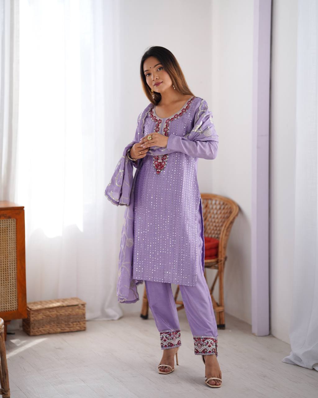 Teeya Creation Lavender Color Chinnon Silk Embroidery Work Fully Stitched Pakistani Suit | Grocsy