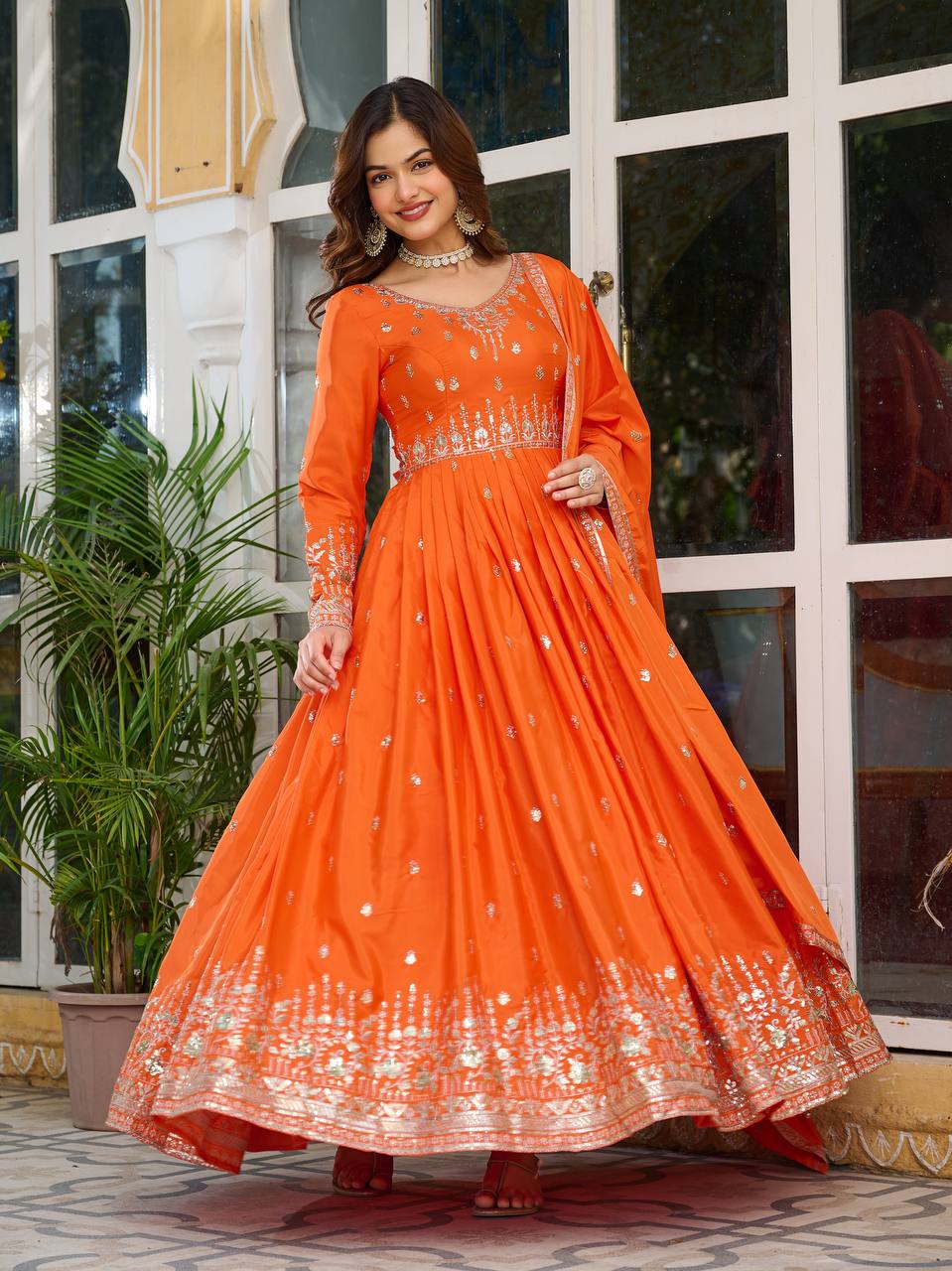 Teeya Creation Orange Color American Silk Embroidery Work Fully Stitched Gown | Grocsy