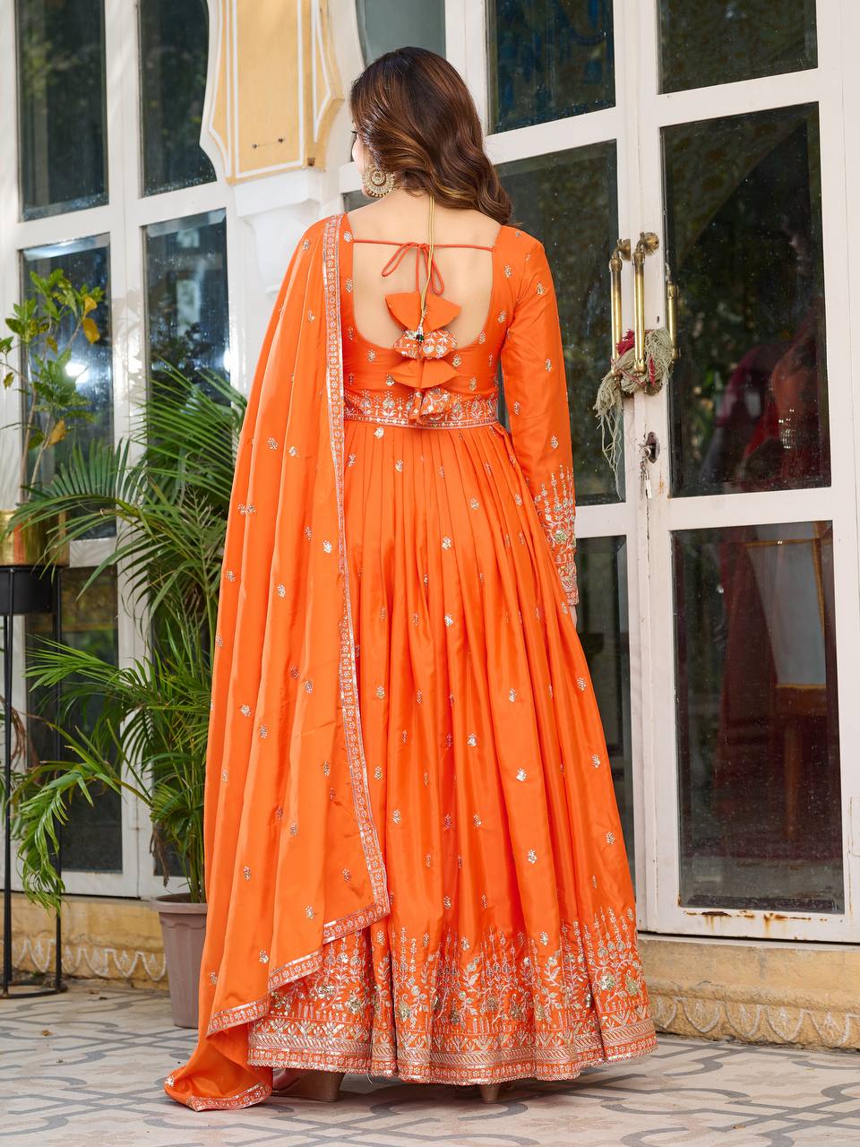 Teeya Creation Orange Color American Silk Embroidery Work Fully Stitched Gown | Grocsy