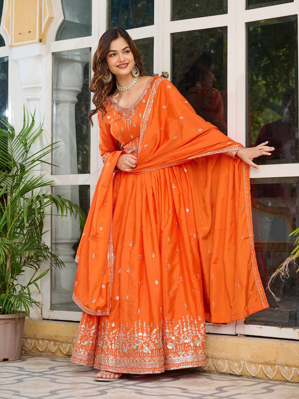 Teeya Creation Orange Color American Silk Embroidery Work Fully Stitched Gown | Grocsy
