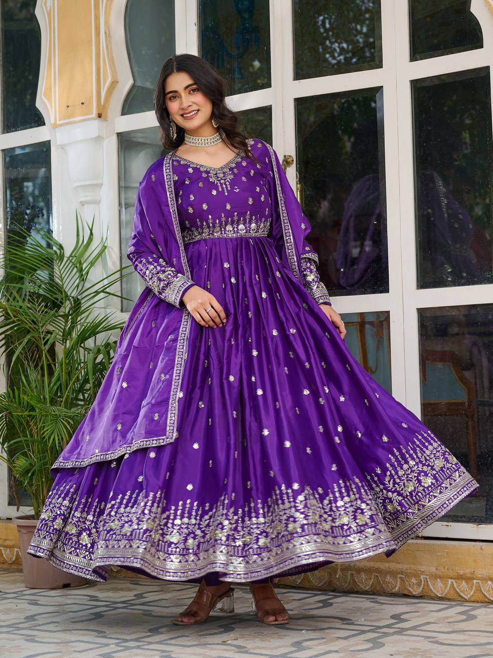 Teeya Creation Purple Color American Silk Embroidery Work Fully Stitched Gown | Grocsy