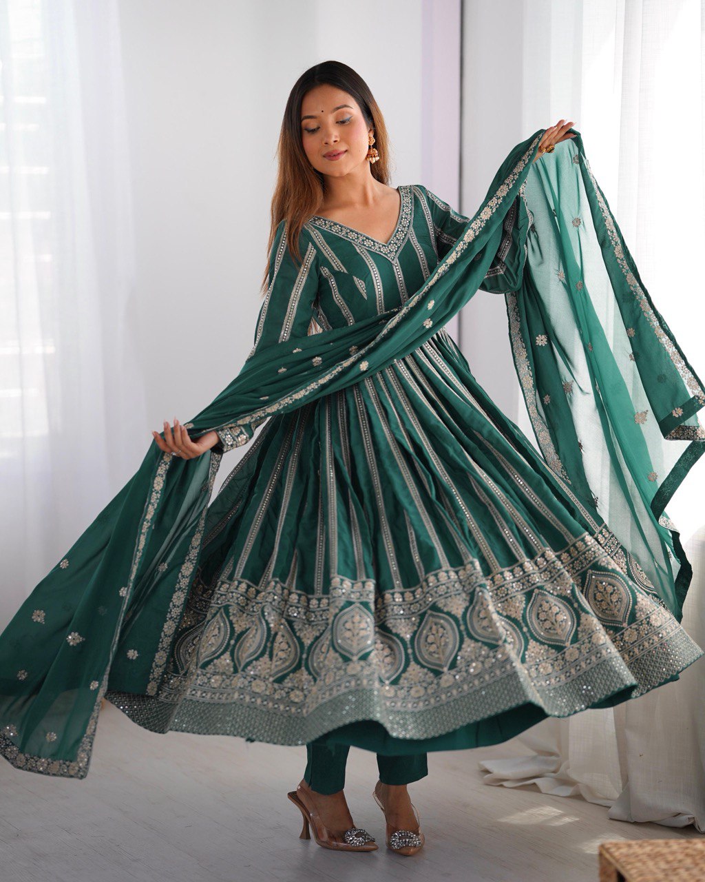 Teeya Creation Green Color Star Georgette Embroidery Work Fully Stitched Gown | Grocsy