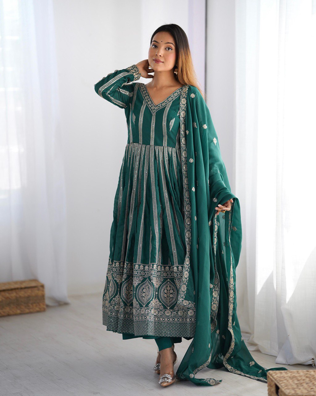 Teeya Creation Green Color Star Georgette Embroidery Work Fully Stitched Gown | Grocsy