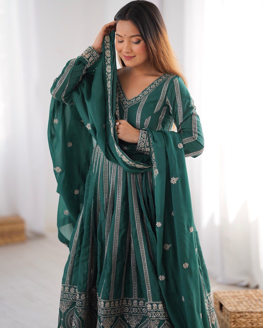 Teeya Creation Green Color Star Georgette Embroidery Work Fully Stitched Gown | Grocsy