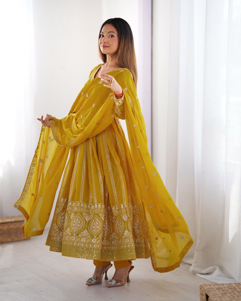Teeya Creation Yellow Color Star Georgette Embroidery Work Fully Stitched Gown | Grocsy
