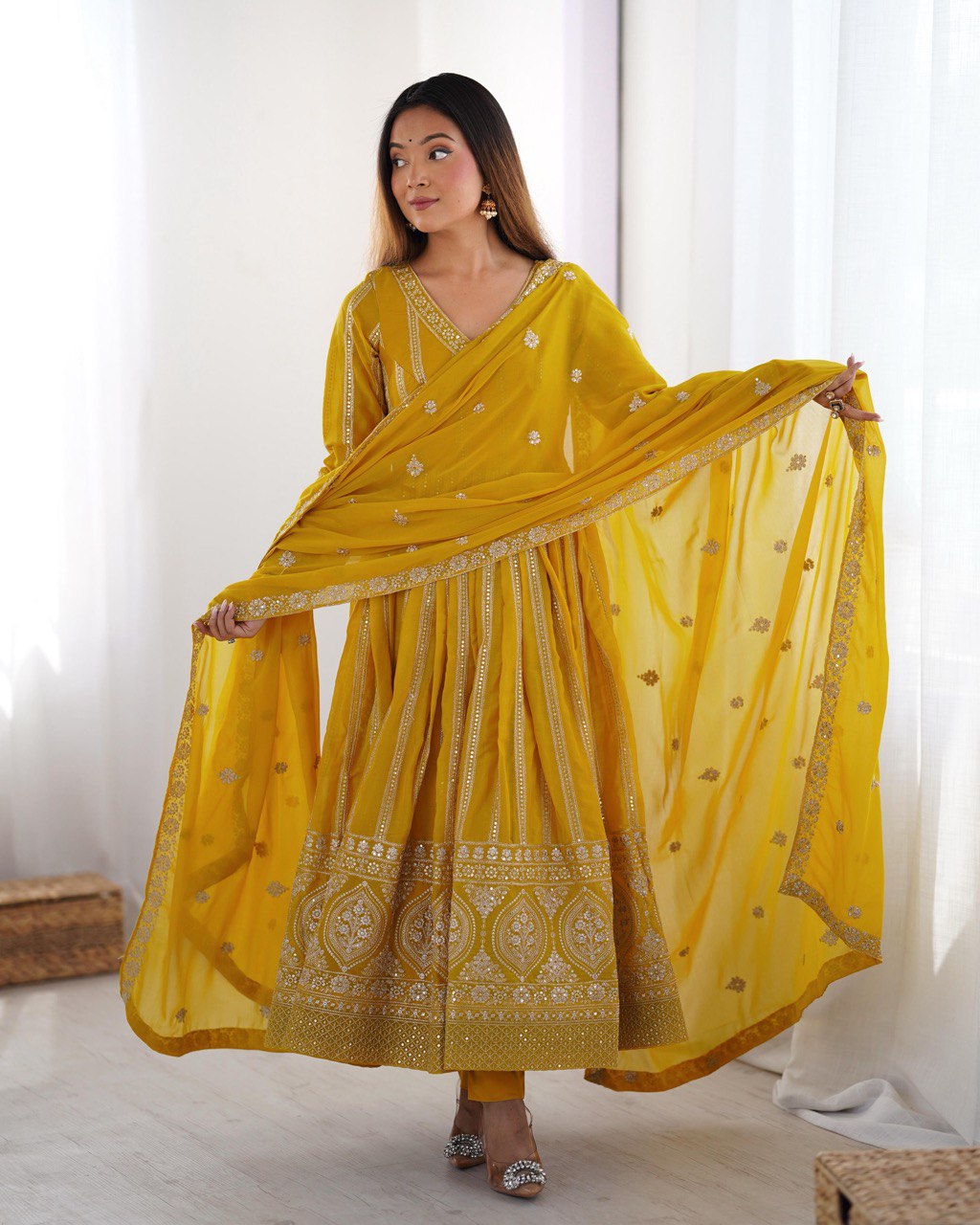 Teeya Creation Yellow Color Star Georgette Embroidery Work Fully Stitched Gown | Grocsy
