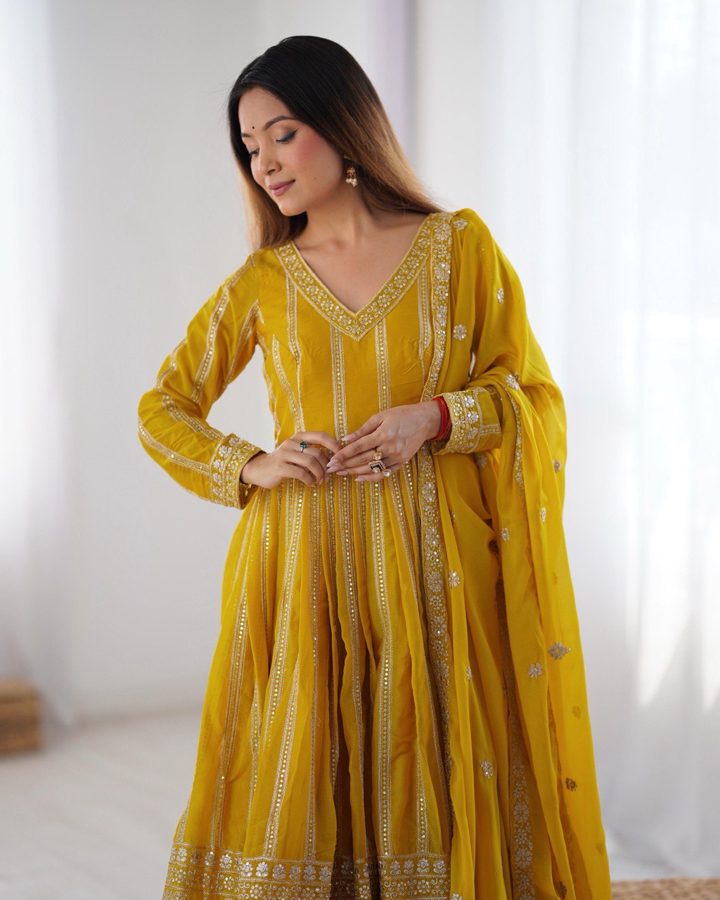 Teeya Creation Yellow Color Star Georgette Embroidery Work Fully Stitched Gown | Grocsy