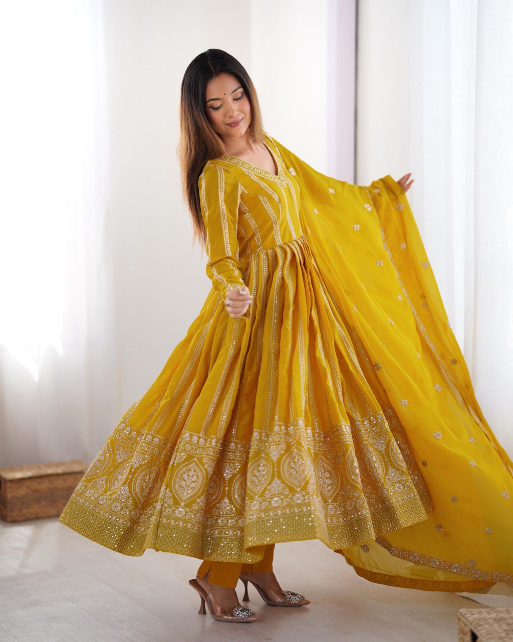 Teeya Creation Yellow Color Star Georgette Embroidery Work Fully Stitched Gown | Grocsy