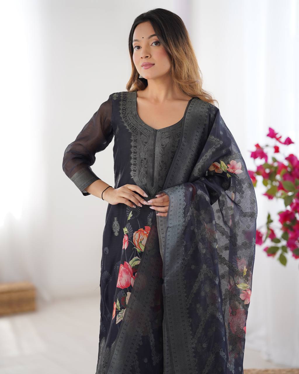 Teeya Creation Black Color Chanderi Silk Embroidery Work Fully Stitched Pakistani Suit | Grocsy