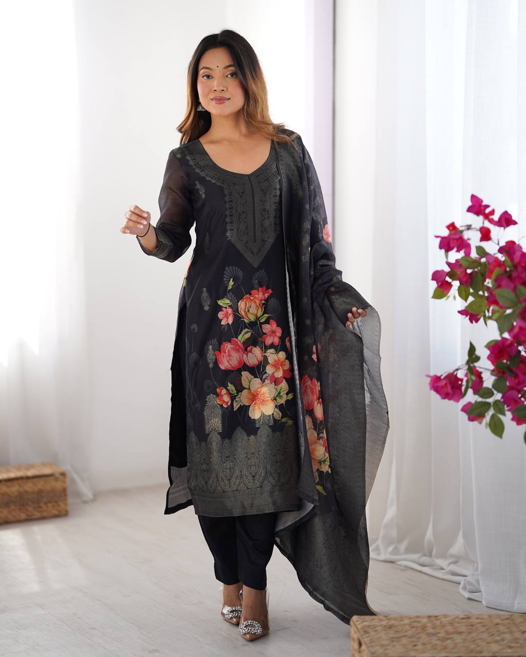 Teeya Creation Black Color Chanderi Silk Embroidery Work Fully Stitched Pakistani Suit | Grocsy
