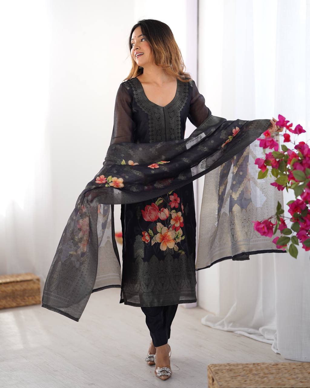 Teeya Creation Black Color Chanderi Silk Embroidery Work Fully Stitched Pakistani Suit | Grocsy