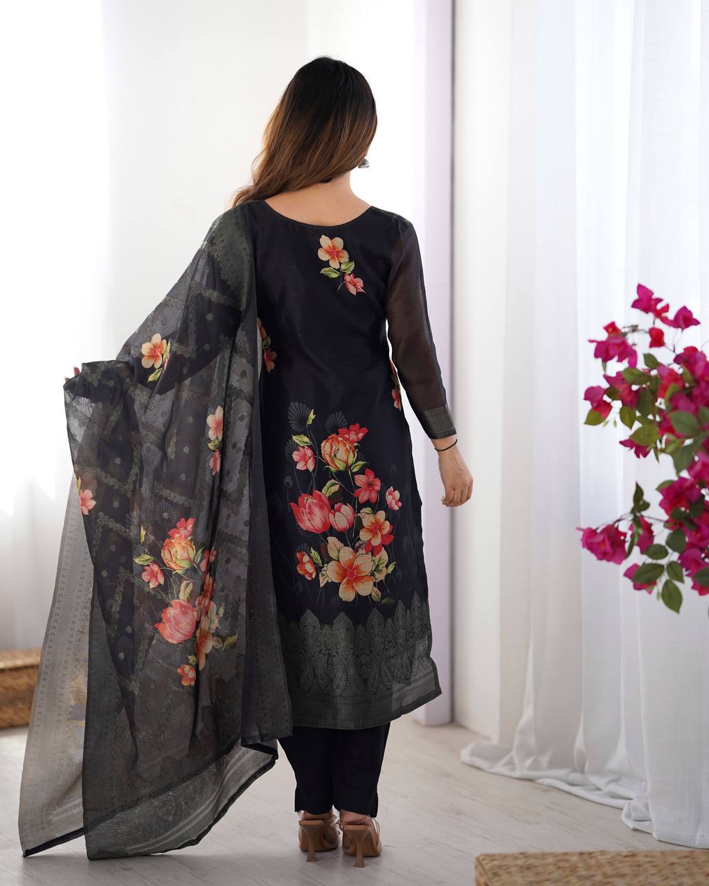 Teeya Creation Black Color Chanderi Silk Embroidery Work Fully Stitched Pakistani Suit | Grocsy