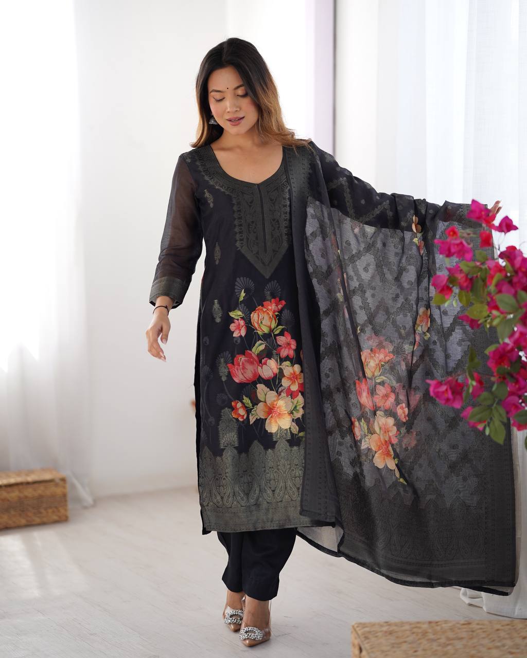 Teeya Creation Black Color Chanderi Silk Embroidery Work Fully Stitched Pakistani Suit | Grocsy