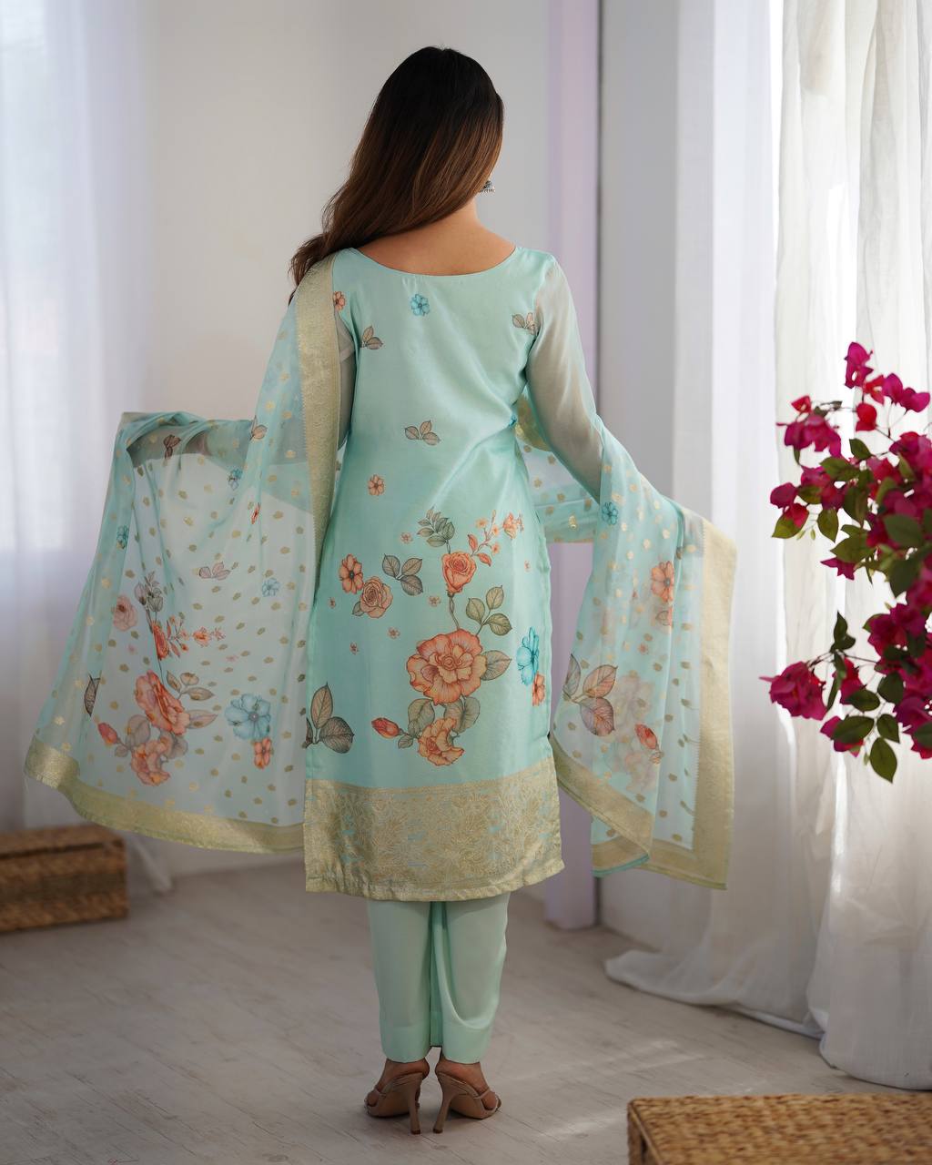 Teeya Creation Sky Color Chanderi Silk Embroidery Work Fully Stitched Pakistani Suit | Grocsy