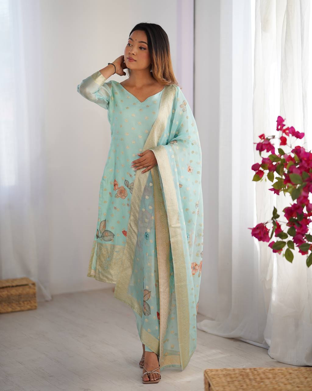 Teeya Creation Sky Color Chanderi Silk Embroidery Work Fully Stitched Pakistani Suit | Grocsy