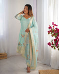 Teeya Creation Sky Color Chanderi Silk Embroidery Work Fully Stitched Pakistani Suit | Grocsy