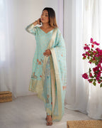 Teeya Creation Sky Color Chanderi Silk Embroidery Work Fully Stitched Pakistani Suit | Grocsy