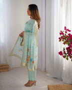 Teeya Creation Sky Color Chanderi Silk Embroidery Work Fully Stitched Pakistani Suit | Grocsy