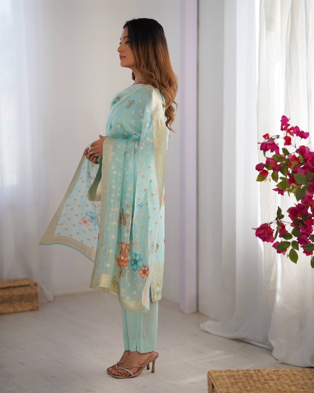 Teeya Creation Sky Color Chanderi Silk Embroidery Work Fully Stitched Pakistani Suit | Grocsy