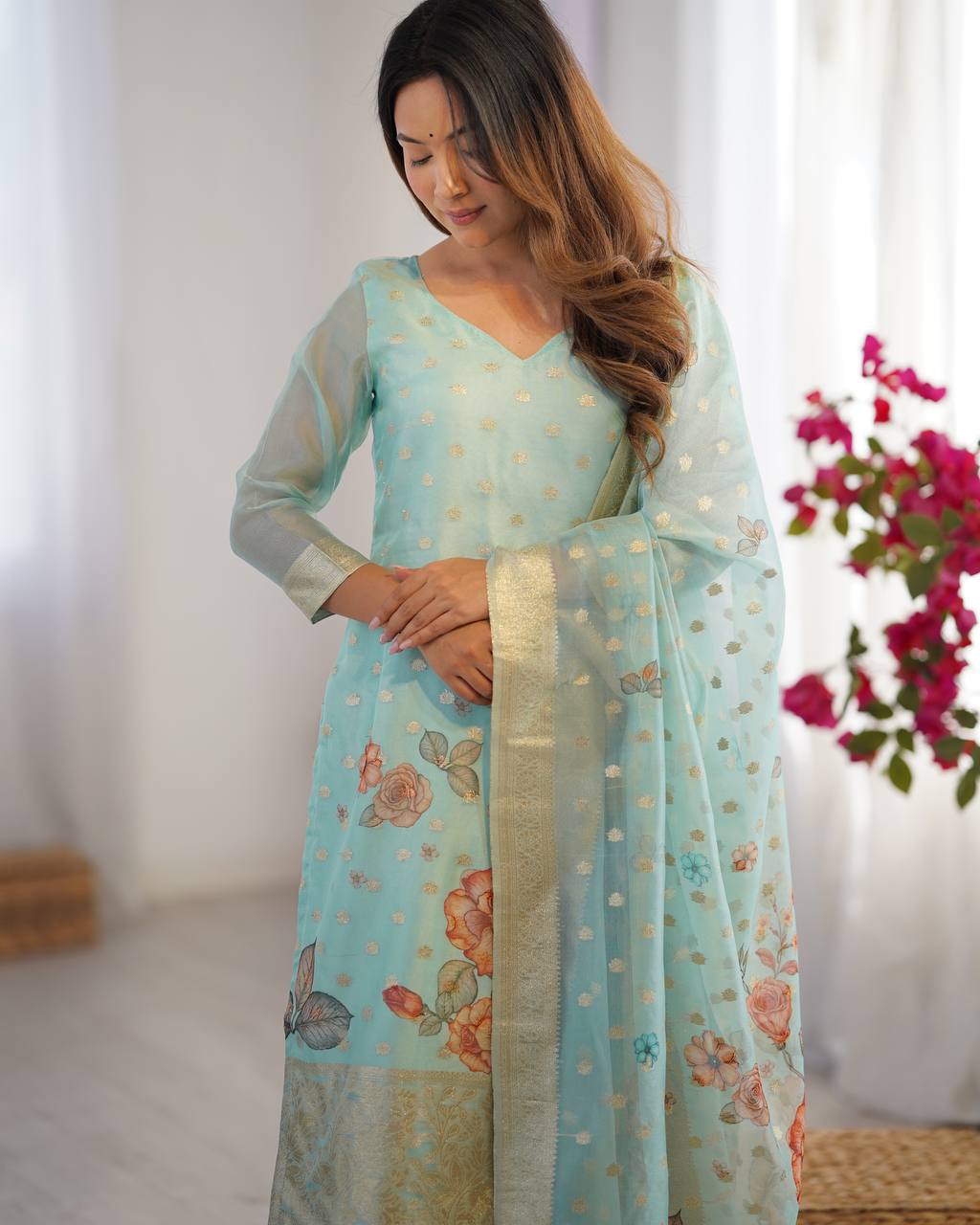 Teeya Creation Sky Color Chanderi Silk Embroidery Work Fully Stitched Pakistani Suit | Grocsy