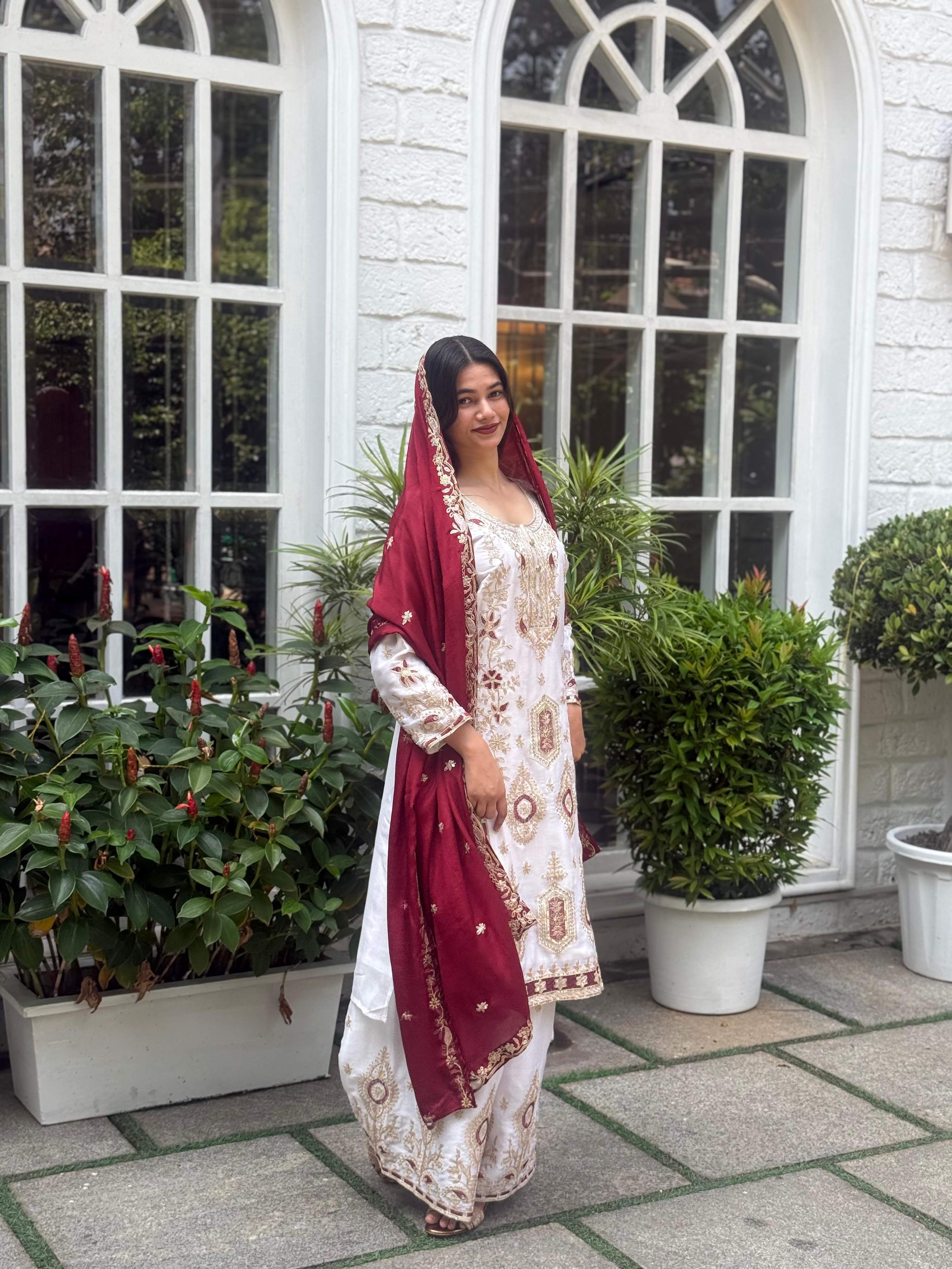 Teeya Creation White Color Chinnon Silk Embroidery Work Fully Stitched Pakistani Suit | Grocsy