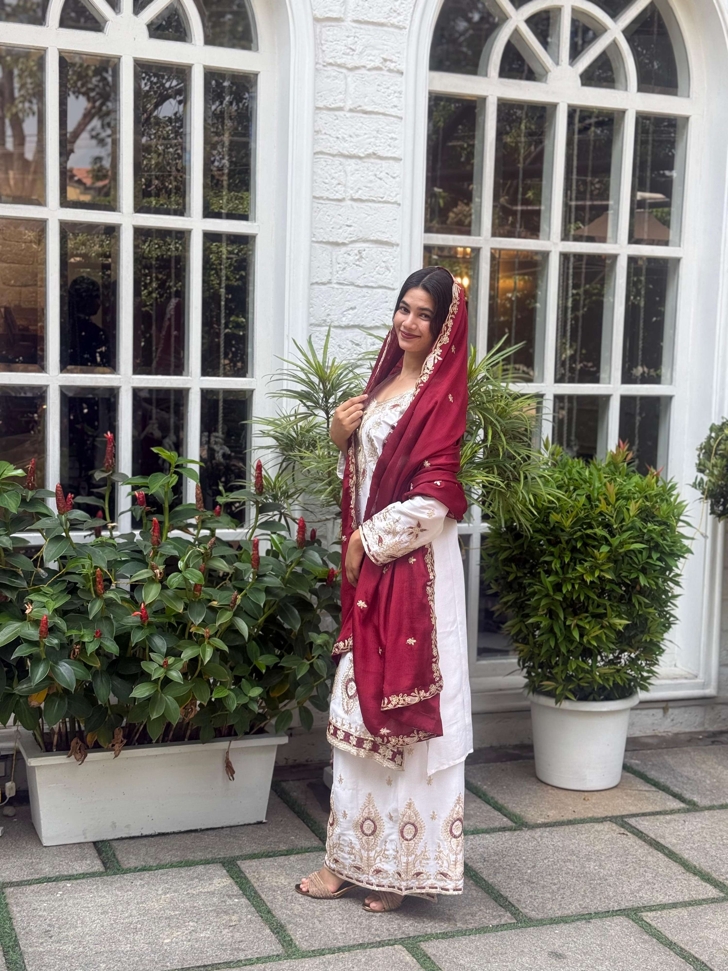 Teeya Creation White Color Chinnon Silk Embroidery Work Fully Stitched Pakistani Suit | Grocsy