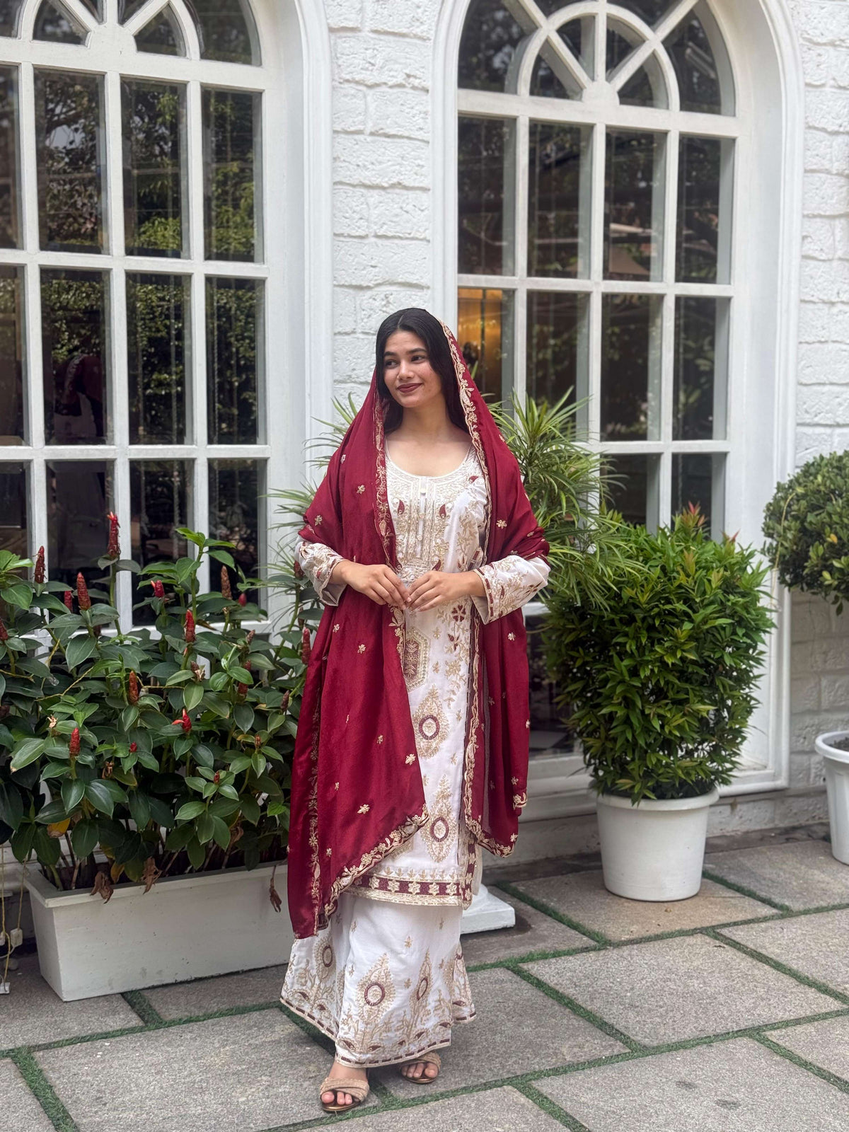 Teeya Creation White Color Chinnon Silk Embroidery Work Fully Stitched Pakistani Suit | Grocsy