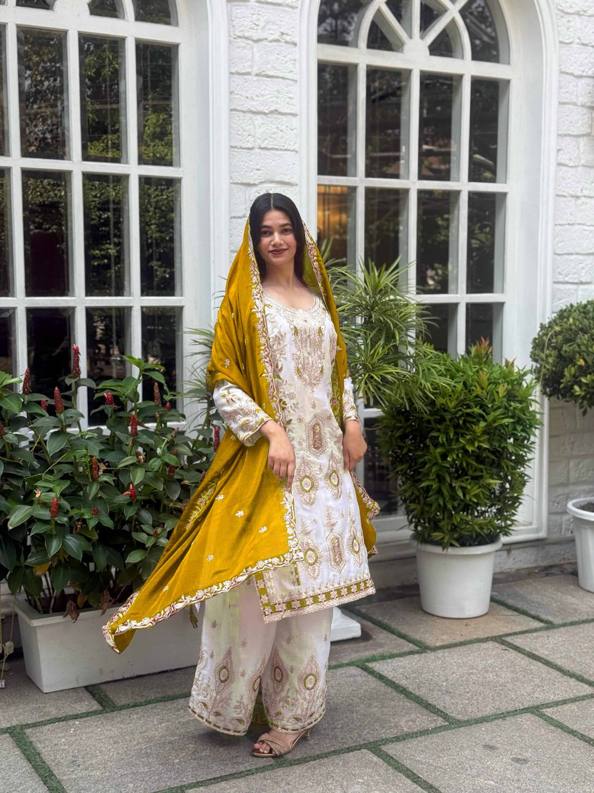 Teeya Creation White Color Chinnon Silk Embroidery Work Fully Stitched Pakistani Suit | Grocsy