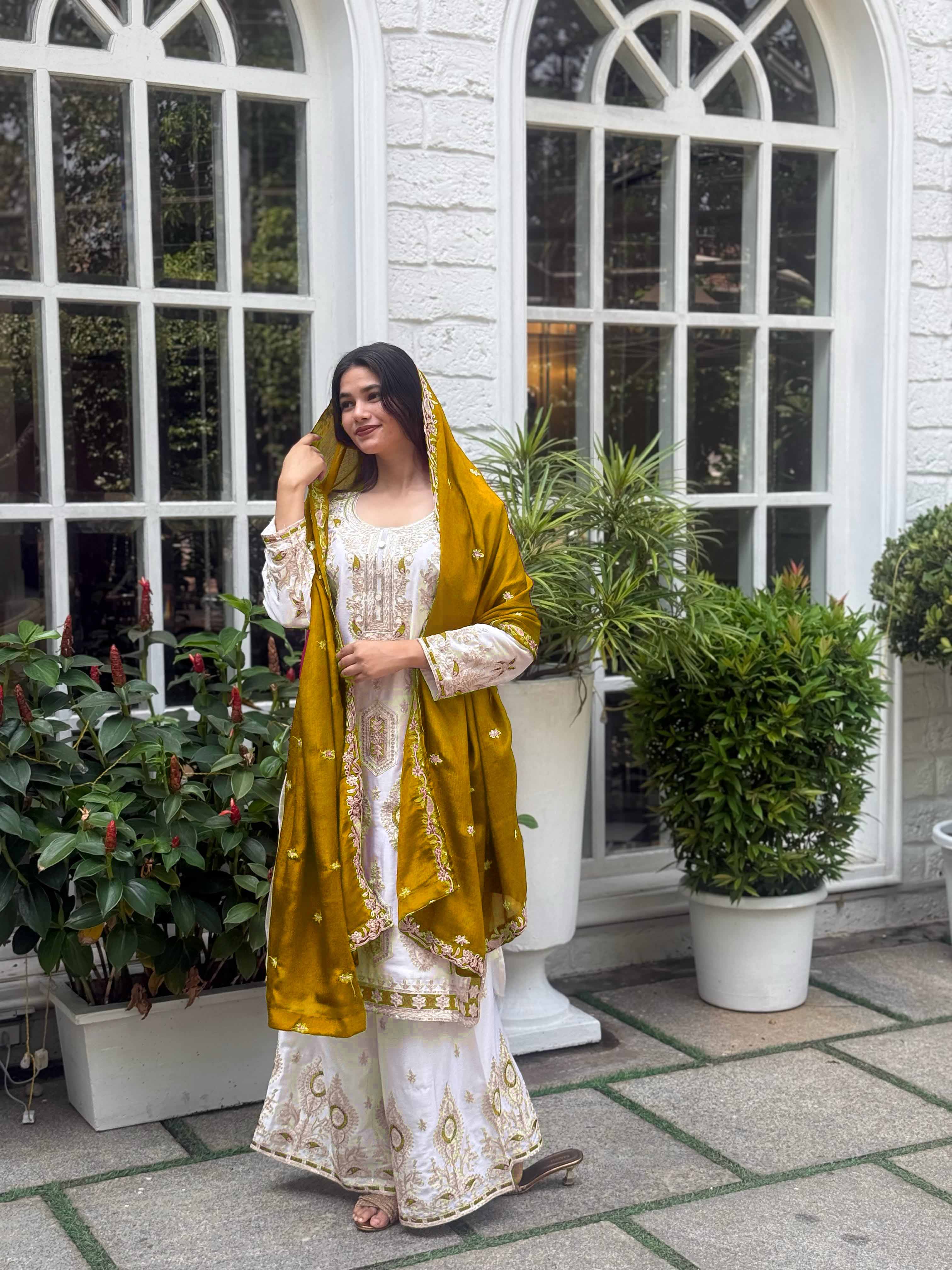 Teeya Creation White Color Chinnon Silk Embroidery Work Fully Stitched Pakistani Suit | Grocsy