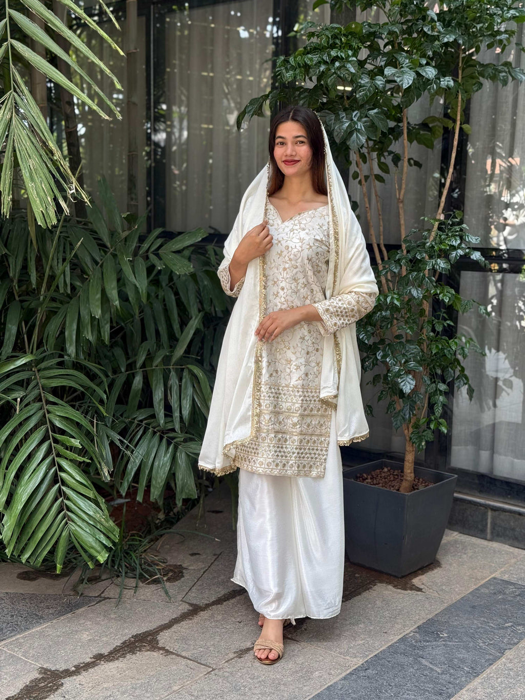 Teeya Creation White Color Chinnon Silk Embroidery Work Fully Stitched Pakistani Suit | Grocsy