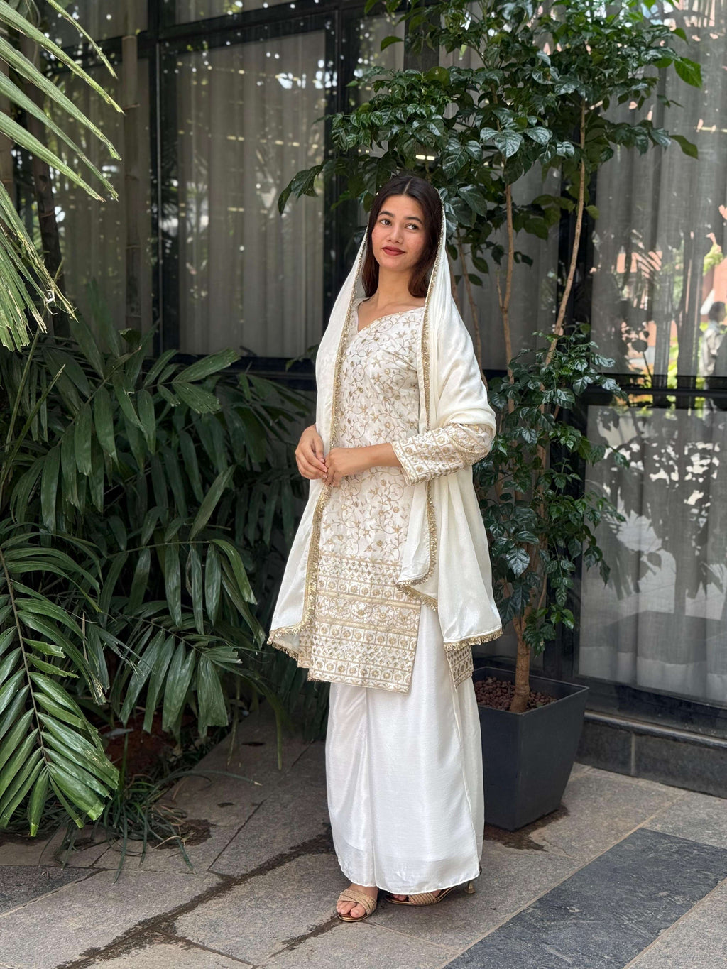 Teeya Creation White Color Chinnon Silk Embroidery Work Fully Stitched Pakistani Suit | Grocsy