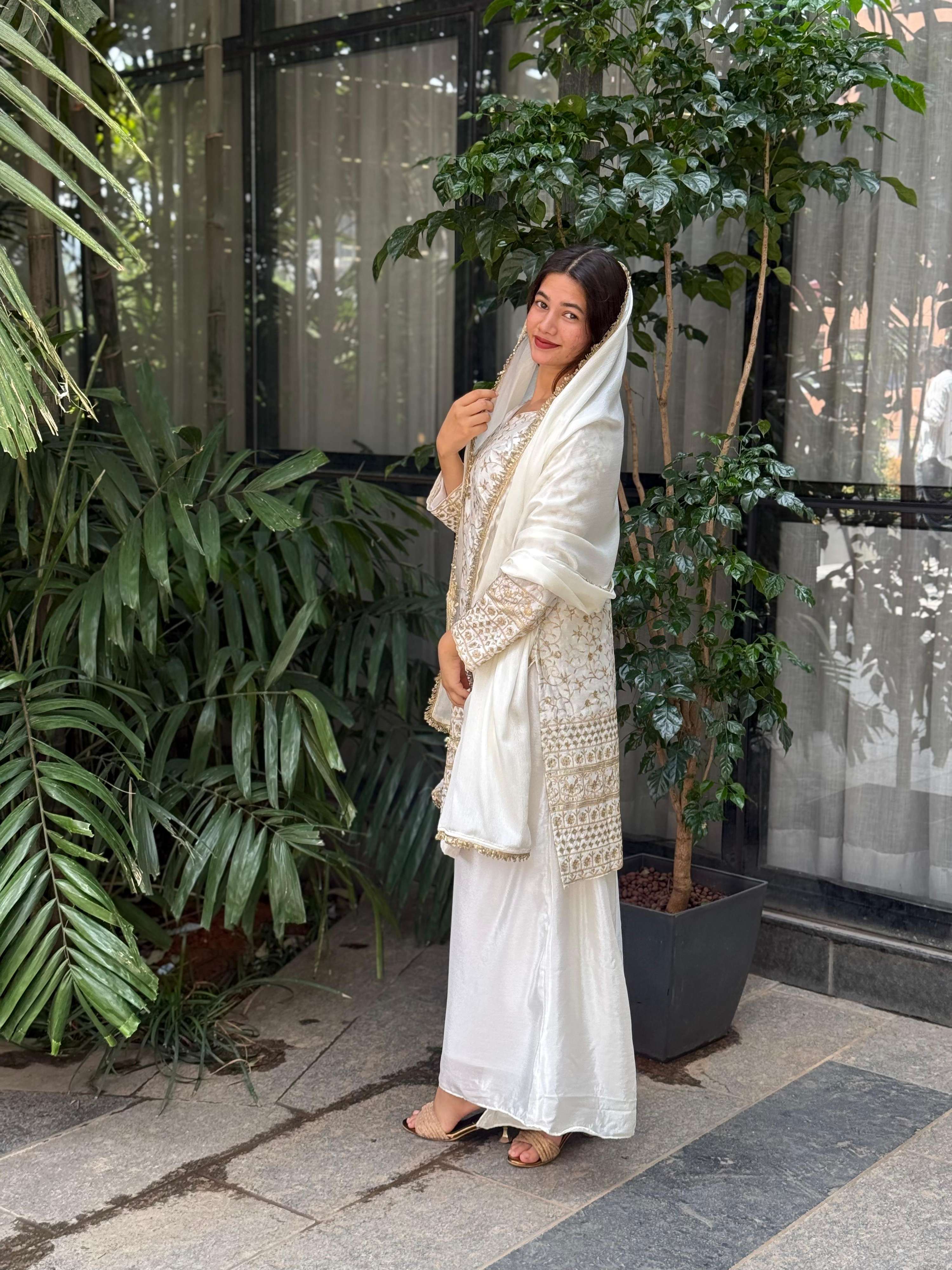 Teeya Creation White Color Chinnon Silk Embroidery Work Fully Stitched Pakistani Suit | Grocsy